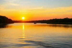 ai généré d'or heure le coucher du soleil sur le lac. pro photo