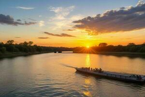 ai généré d'or heure le coucher du soleil sur le rivière. pro photo