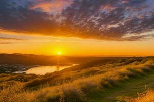 ai généré d'or heure le coucher du soleil sur le rivière. pro photo