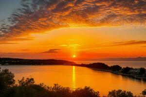 ai généré d'or heure le coucher du soleil sur le rivière. pro photo