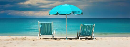 ai généré plage scène de chaises en dessous de un parapluie dans le le sable photo