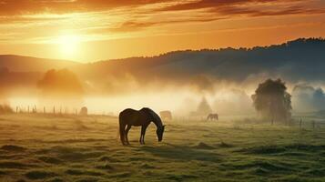 ai généré enveloppé de brouillard élégance. arabe les chevaux dans une pâturage, illuminé par le doux lumière de une réglage Soleil photo