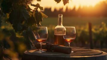 ai généré baril verres à vin et bouteille dans vignoble à coucher de soleil, génératif ai photo