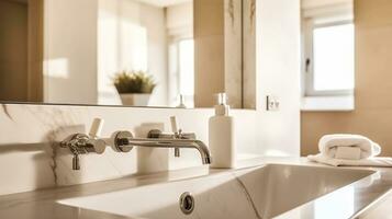 ai généré robinet attaché à miroir au dessus marbre évier dans lumière salle de bains de contemporain chambre sur ensoleillé journée photo