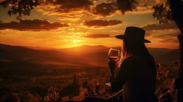 ai généré capturer le évocateur silhouette de une du vin passionné au milieu de pittoresque vignobles à le coucher du soleil photo