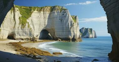 ai généré le étourdissant beauté de gorgés de soleil craie falaises avec une Naturel cambre par le mer photo