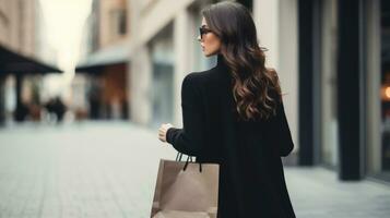 ai généré arrière vue de brunette femme en portant achats sac avec brouiller bokeh en plein air Contexte photo