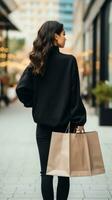 ai généré arrière vue de brunette femme en portant achats sac avec brouiller bokeh en plein air Contexte. photo