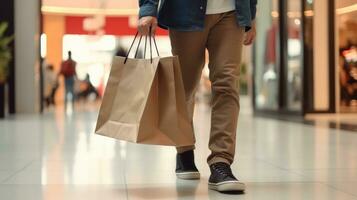 ai généré milieu section de une homme en marchant et achats sac en papier dans le centre commercial bokeh brouiller Contexte photo