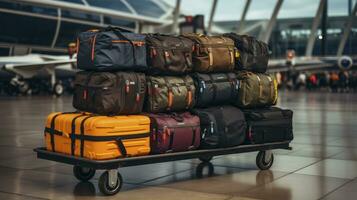 ai généré le voyage commencement - une Chariot plein de bagage dans un aéroport photo