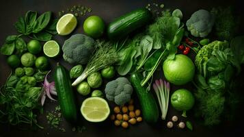 ai généré brut en bonne santé nourriture nettoyer en mangeant des légumes sur foncé pierre arrière-plan, Haut vue photo