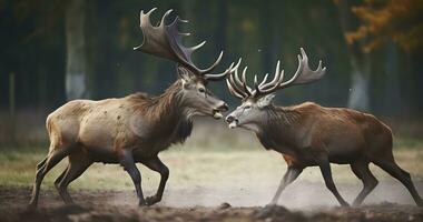 ai généré le lutte pour suprématie parmi rouge cerf dans une faune parc pendant le rut photo