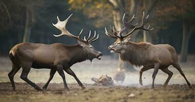 ai généré le majestueux bataille de rouge cerf dans une faune parc pendant en rut saison photo