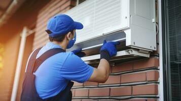 ai généré le dévoué efforts de une Jeune prestataire dans bleu salopette installation et réparer air conditionneurs photo