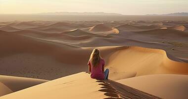 ai généré une seul femme assise sereinement sur le crête de une le sable dune dans vaste étendue photo