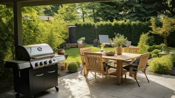 ai généré le breloques de une magnifique arrière-cour avec une bien équipé barbecue zone et confortable à manger table photo