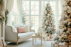 confortable vivant pièce avec magnifique Noël arbre et rouge cadeaux dans moderne intérieur. intérieur de vivant pièce décoré pour joyeux Noël avec chaussettes, cadeau des boites et Noël accessoires par ai généré photo