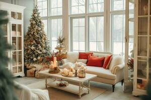 confortable vivant pièce avec magnifique Noël arbre et rouge cadeaux dans moderne intérieur. intérieur de vivant pièce décoré pour joyeux Noël avec chaussettes, cadeau des boites et Noël accessoires par ai généré photo