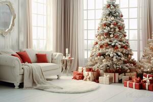 confortable vivant pièce avec magnifique Noël arbre et rouge cadeaux dans moderne intérieur. intérieur de vivant pièce décoré pour joyeux Noël avec chaussettes, cadeau des boites et Noël accessoires par ai généré photo