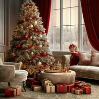 confortable vivant pièce avec magnifique Noël arbre et rouge cadeaux dans moderne intérieur. intérieur de vivant pièce décoré pour joyeux Noël avec chaussettes, cadeau des boites et Noël accessoires par ai généré photo