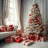 confortable vivant pièce avec magnifique Noël arbre et rouge cadeaux dans moderne intérieur. intérieur de vivant pièce décoré pour joyeux Noël avec chaussettes, cadeau des boites et Noël accessoires par ai généré photo