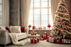 confortable vivant pièce avec magnifique Noël arbre et rouge cadeaux dans moderne intérieur. intérieur de vivant pièce décoré pour joyeux Noël avec chaussettes, cadeau des boites et Noël accessoires par ai généré photo