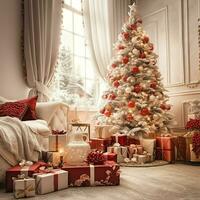 confortable vivant pièce avec magnifique Noël arbre et rouge cadeaux dans moderne intérieur. intérieur de vivant pièce décoré pour joyeux Noël avec chaussettes, cadeau des boites et Noël accessoires par ai généré photo