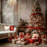 confortable vivant pièce avec magnifique Noël arbre et rouge cadeaux dans moderne intérieur. intérieur de vivant pièce décoré pour joyeux Noël avec chaussettes, cadeau des boites et Noël accessoires par ai généré photo