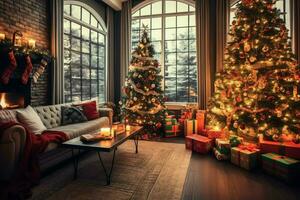 confortable vivant pièce avec magnifique Noël arbre et rouge cadeaux dans moderne intérieur. intérieur de vivant pièce décoré pour joyeux Noël avec chaussettes, cadeau des boites et Noël accessoires par ai généré photo