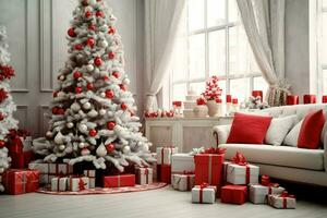 confortable vivant pièce avec magnifique Noël arbre et rouge cadeaux dans moderne intérieur. intérieur de vivant pièce décoré pour joyeux Noël avec chaussettes, cadeau des boites et Noël accessoires par ai généré photo