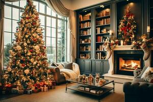 confortable vivant pièce avec magnifique Noël arbre et rouge cadeaux dans moderne intérieur. intérieur de vivant pièce décoré pour joyeux Noël avec chaussettes, cadeau des boites et Noël accessoires par ai généré photo