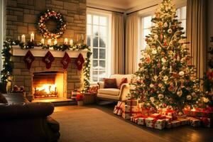 confortable vivant pièce avec magnifique Noël arbre et rouge cadeaux dans moderne intérieur. intérieur de vivant pièce décoré pour joyeux Noël avec chaussettes, cadeau des boites et Noël accessoires par ai généré photo