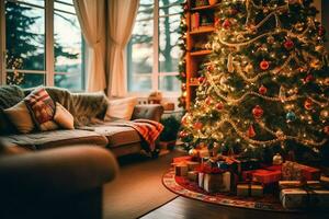 confortable vivant pièce avec magnifique Noël arbre et rouge cadeaux dans moderne intérieur. intérieur de vivant pièce décoré pour joyeux Noël avec chaussettes, cadeau des boites et Noël accessoires par ai généré photo