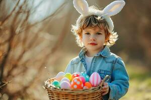 ai généré mignonne peu garçon avec lapin oreilles en portant une panier plein de coloré Pâques des œufs. photo