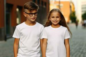 ai généré portrait de deux petit les enfants dans blanc t-shirts sur une ville rue. photo