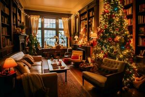 confortable vivant pièce avec magnifique Noël arbre et rouge cadeaux dans moderne intérieur. intérieur de vivant pièce décoré pour joyeux Noël avec chaussettes, cadeau des boites et Noël accessoires par ai généré photo