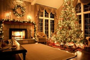 confortable vivant pièce avec magnifique Noël arbre et rouge cadeaux dans moderne intérieur. intérieur de vivant pièce décoré pour joyeux Noël avec chaussettes, cadeau des boites et Noël accessoires par ai généré photo