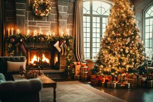 confortable vivant pièce avec magnifique Noël arbre et rouge cadeaux dans moderne intérieur. intérieur de vivant pièce décoré pour joyeux Noël avec chaussettes, cadeau des boites et Noël accessoires par ai généré photo