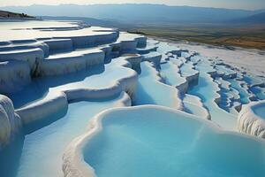 ai généré magnifique paysage avec turquoise clair l'eau dans une Naturel Cascade de minéral ressorts photo