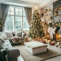 confortable vivant pièce avec magnifique Noël arbre et rouge cadeaux dans moderne intérieur. intérieur de vivant pièce décoré pour joyeux Noël avec chaussettes, cadeau des boites et Noël accessoires par ai généré photo