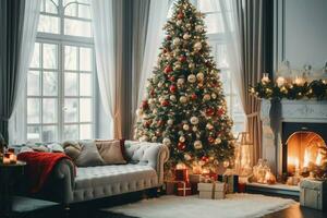 confortable vivant pièce avec magnifique Noël arbre et rouge cadeaux dans moderne intérieur. intérieur de vivant pièce décoré pour joyeux Noël avec chaussettes, cadeau des boites et Noël accessoires par ai généré photo