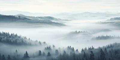 ai généré vallonné paysage avec brumeux conifère forêt, aérien vue photo