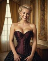 ai généré attrayant blond femme avec frisé cheveux dans une corset dans une ancien pièce photo