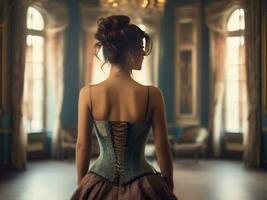 ai généré retour vue de attrayant brunette dans corset dans rétro pièce photo