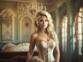 ai généré attrayant blond femme avec frisé cheveux dans une corset dans une ancien pièce photo