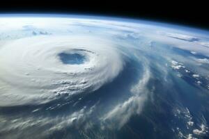 ai généré vue de espace à une grand cyclone au dessus le la terre surface photo