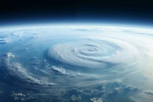 ai généré vue de orbite de une énorme cyclone au dessus le la terre surface photo