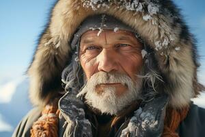 ai généré portrait de un personnes âgées homme de une du froid nord Région photo