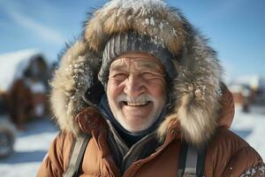 ai généré portrait de un rural personnes âgées homme de une du froid nord Région photo