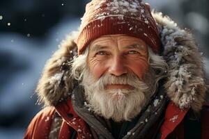 ai généré portrait de un personnes âgées homme dans chaud hiver vêtements en dessous de chute de neige photo